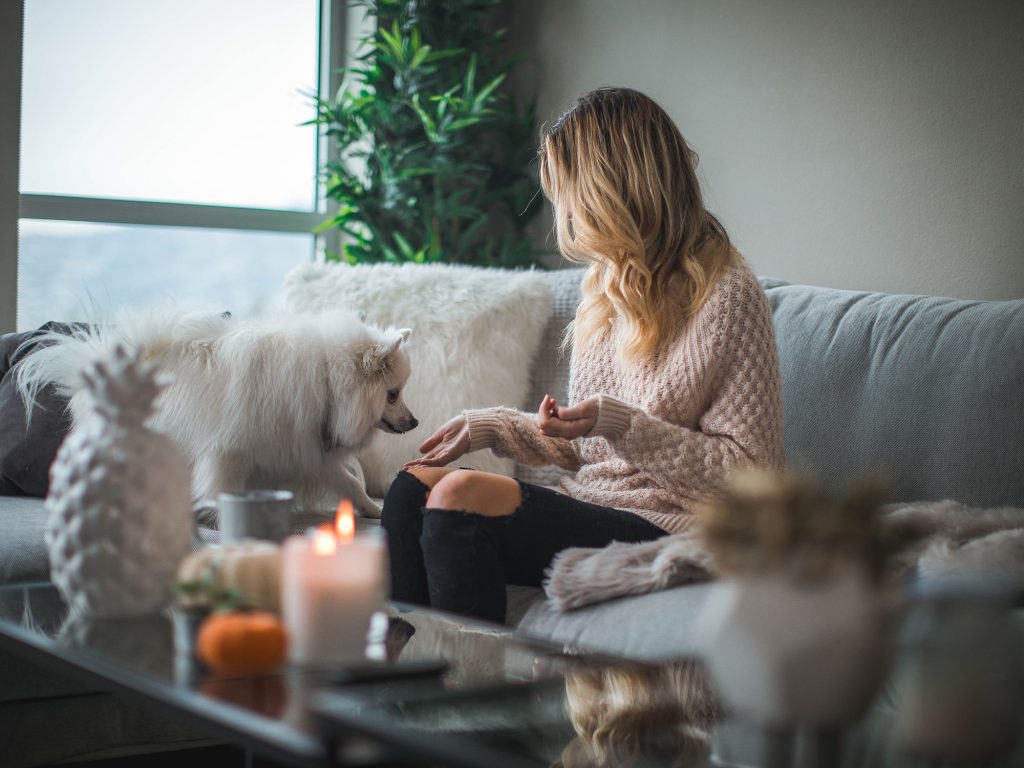 Woman relaxing on a sofa at home with her dog